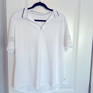 White elbow length golf shirt with mesh sleeve inserts